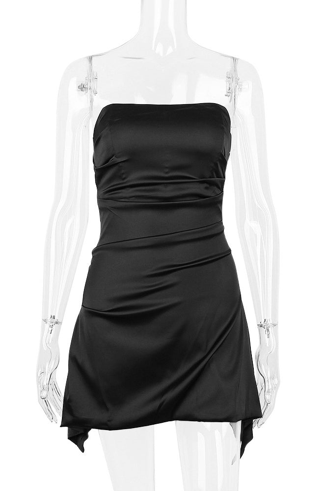 Satin Strapless Ruched Corset Party Mini Dress in Black - View 3
