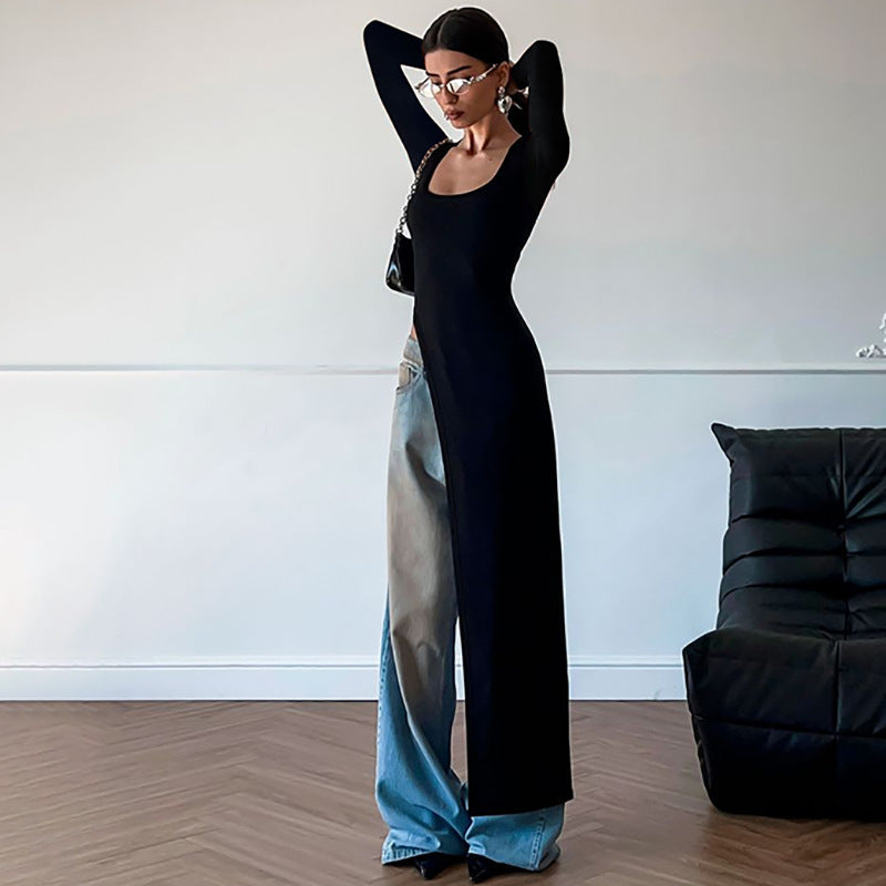 Knit Square Neck Long Sleeve Cut Out Asymmetric Maxi Dress - View 4