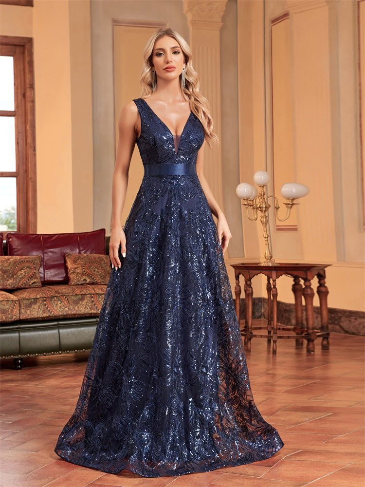 Sequin Deep V-Neck Sleeveless A-Line Maxi Prom Gown - View 2
