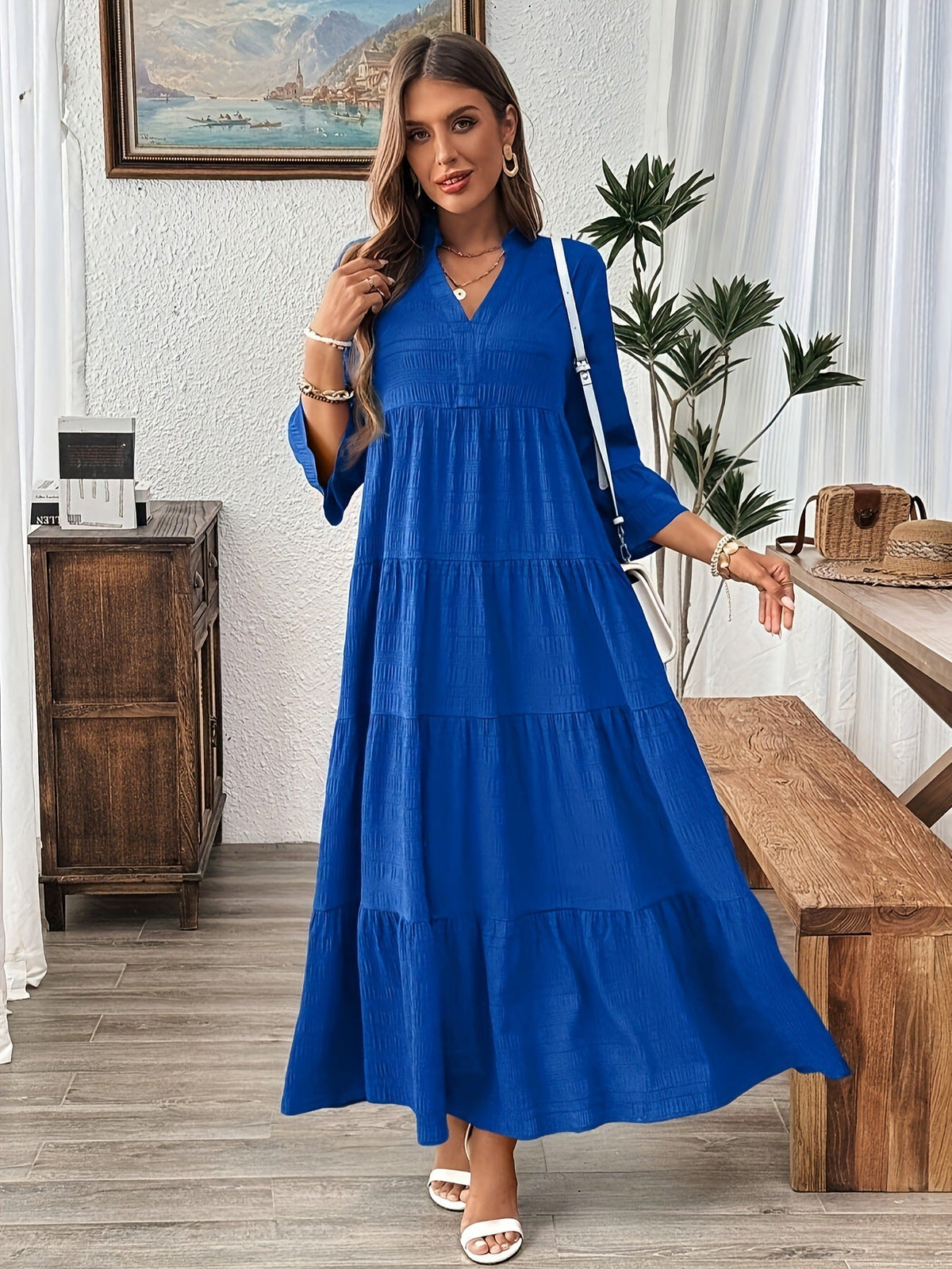 Notch V-Neck Tiered Flowy Maxi Dress 4