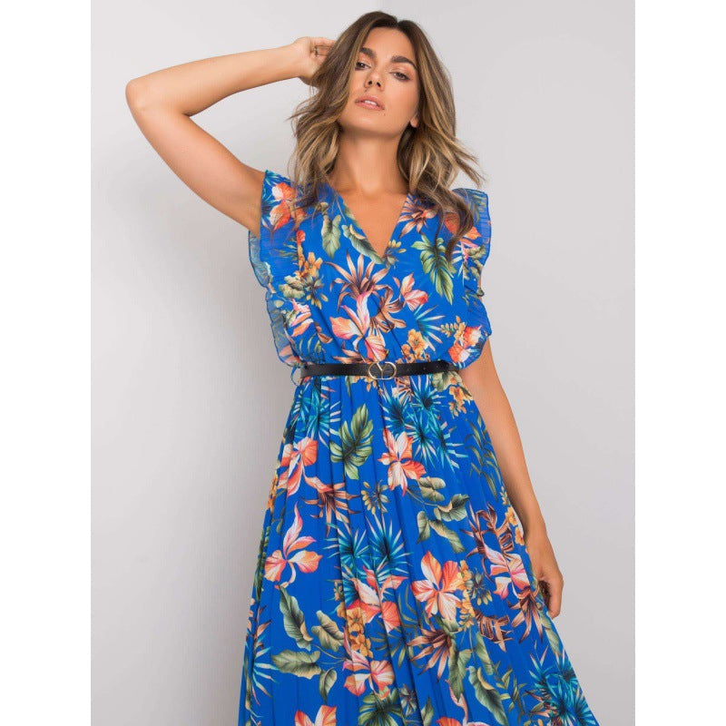 Floral V-Neck Flutter Sleeve Belted Pleated Midi Dress - View 2