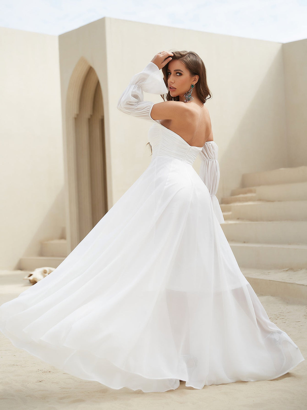 Off Shoulder Sweetheart Ruched Bodice Long Puff Sleeve Maxi Gown - View 3