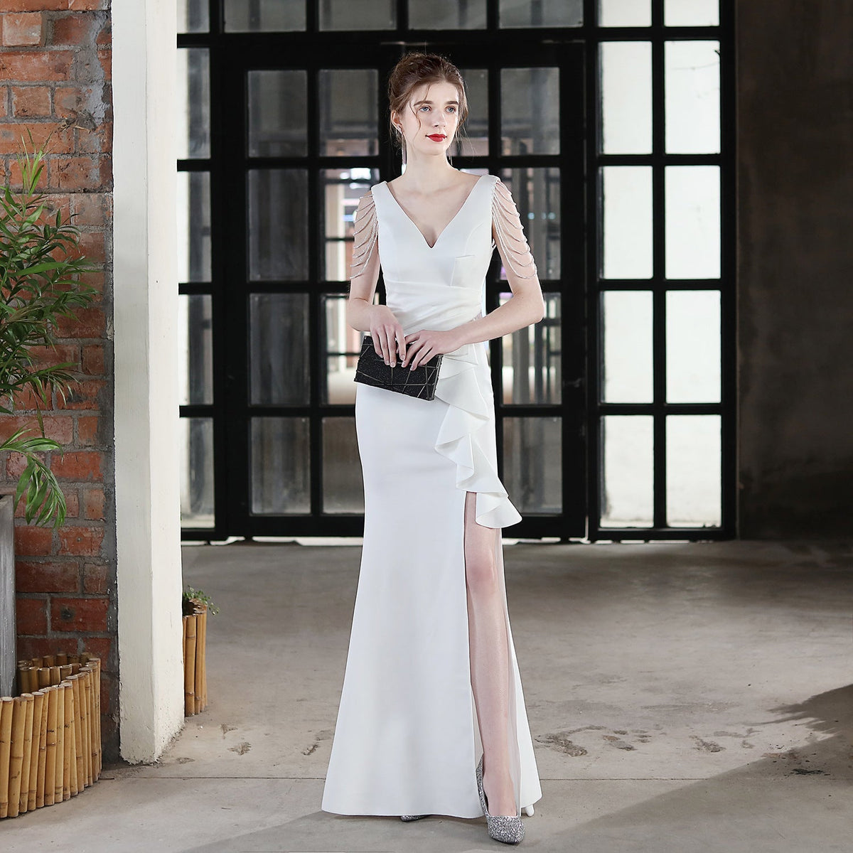 Deep V-Neck Beaded Shoulder Fringe Wrap Waist Side Maxi Gown - View 6