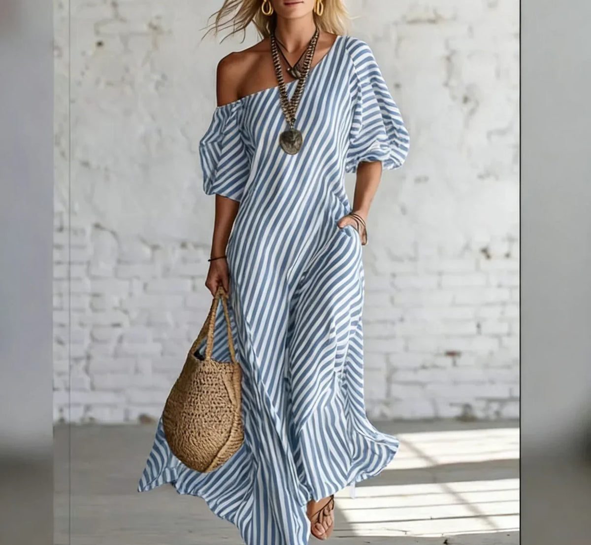Striped One Shoulder Half Sleeve Loose Maxi Dress 4