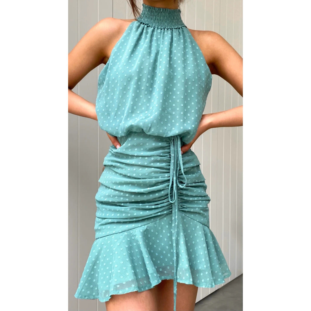 Fresh Sweet Drawstring Halter Chiffon Dress - View 3