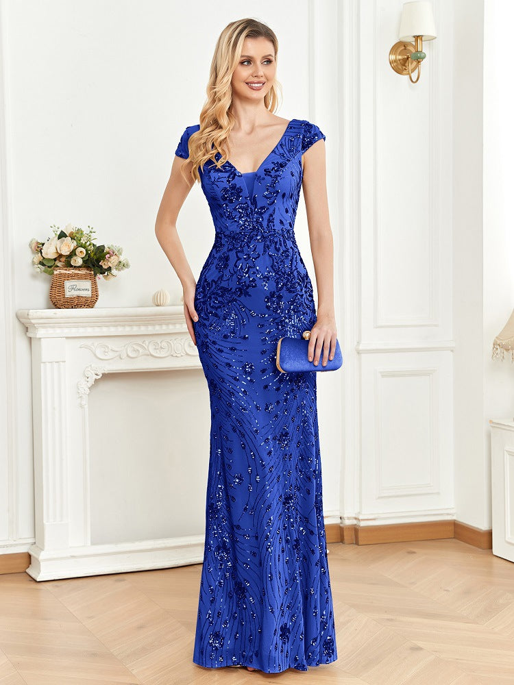 Sequin V-Neck Cap Sleeve Mermaid Evening Gown - View 6