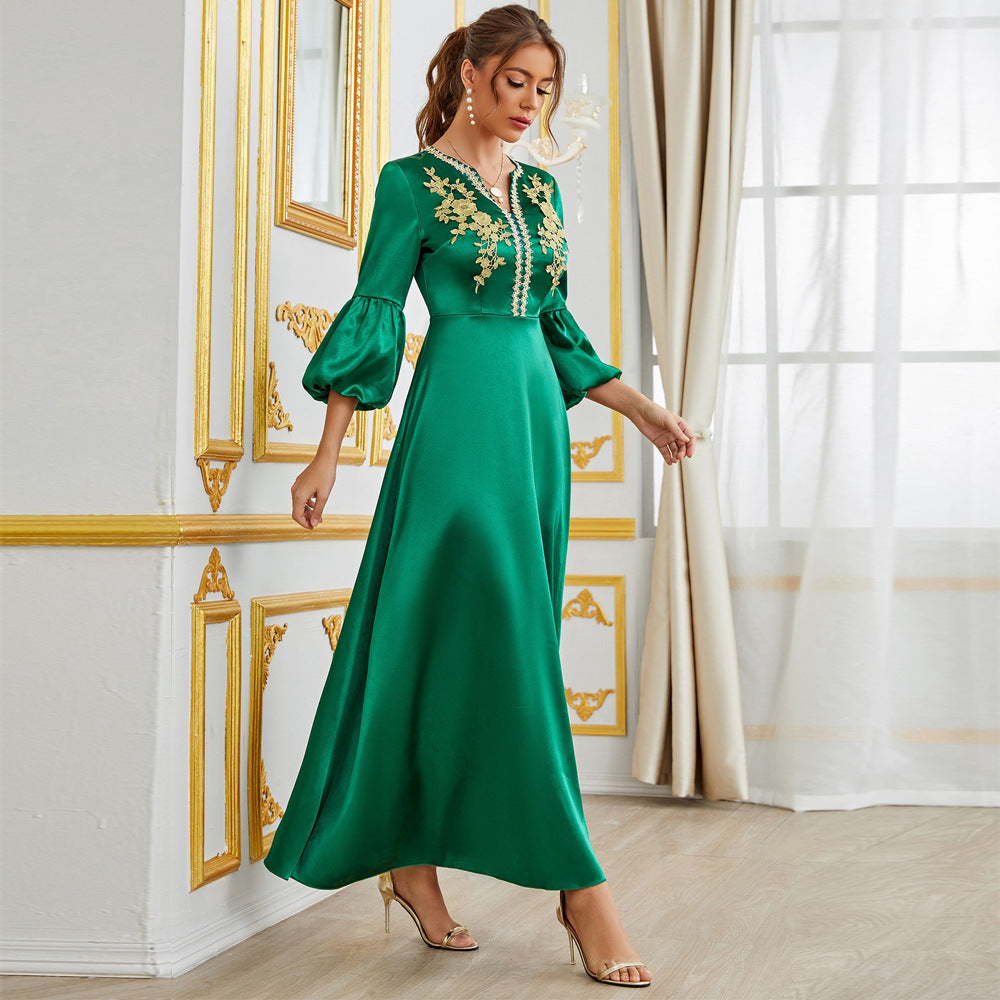 Satin V-Neck Lace Embroidery Puff Sleeve Formal Maxi Gown - View 3