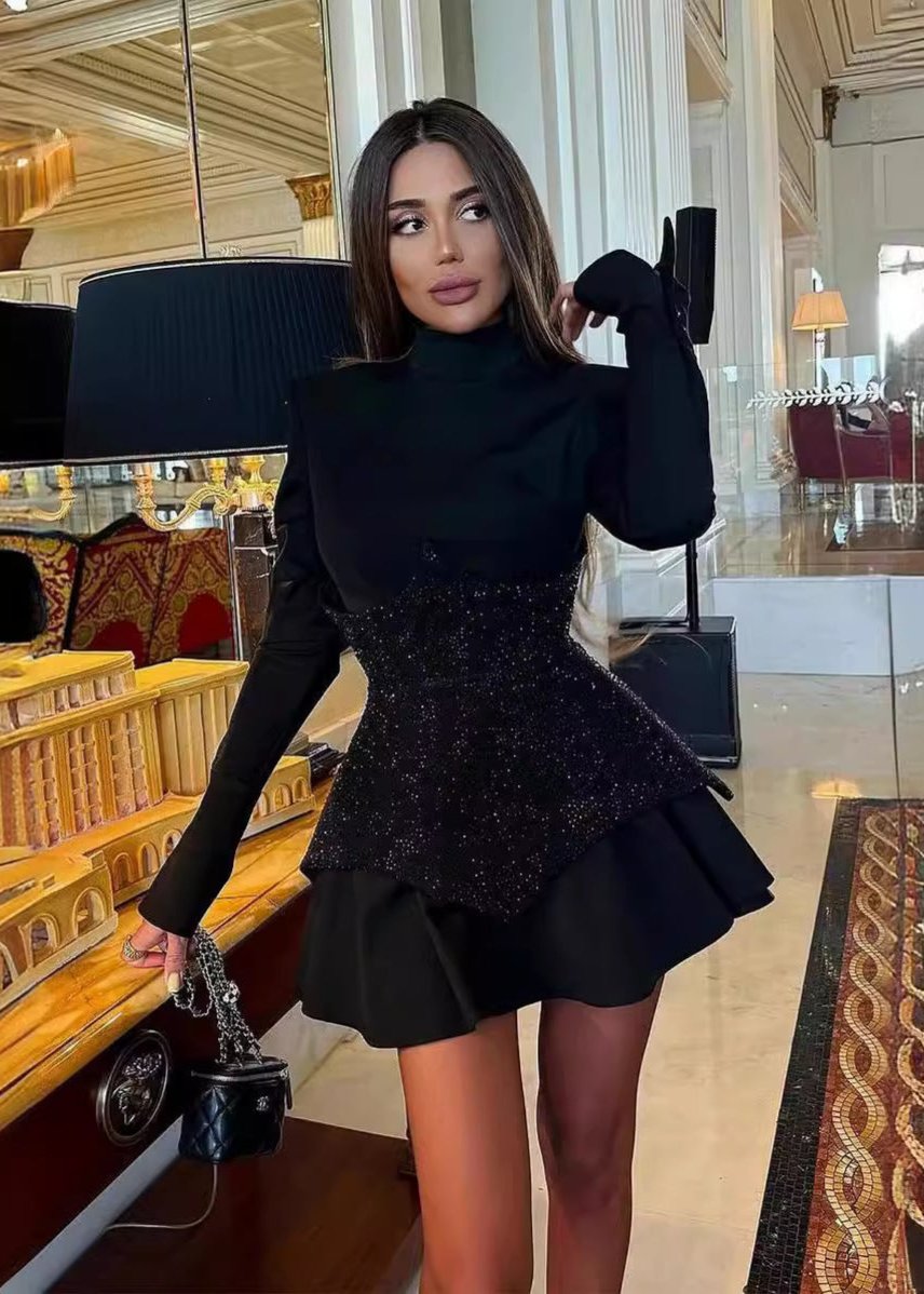 Faux Two Piece Sequin Corset Long Sleeve Tiered Mini Dress - View 2