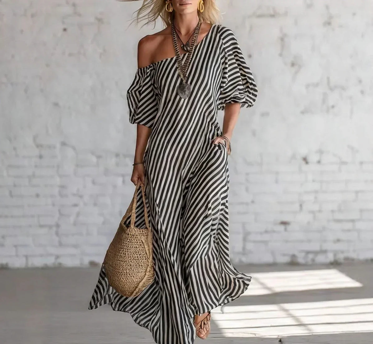 Striped One Shoulder Half Sleeve Maxi Dress 6