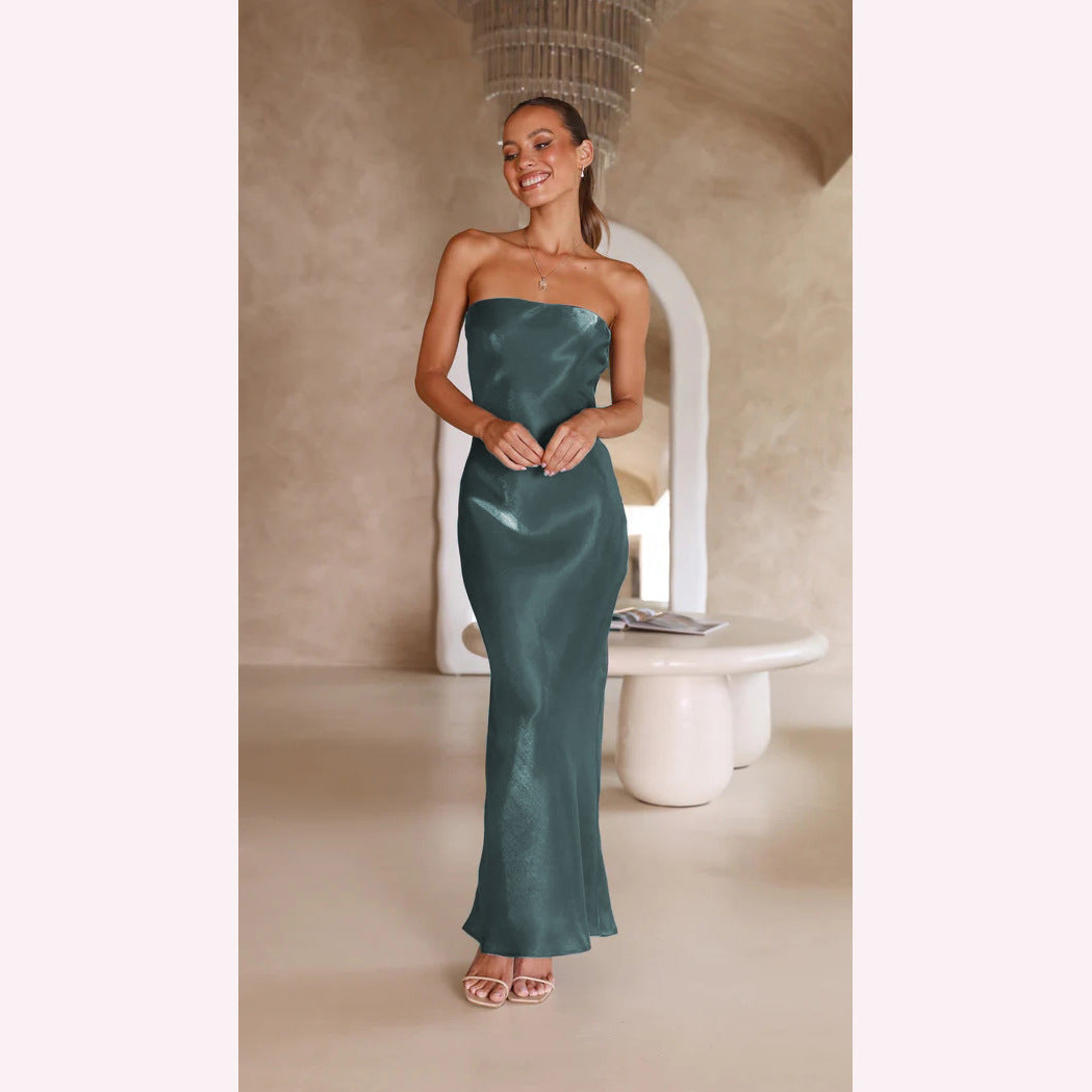 Strapless Bandeau Satin Column Bodycon Maxi Dress - View 4