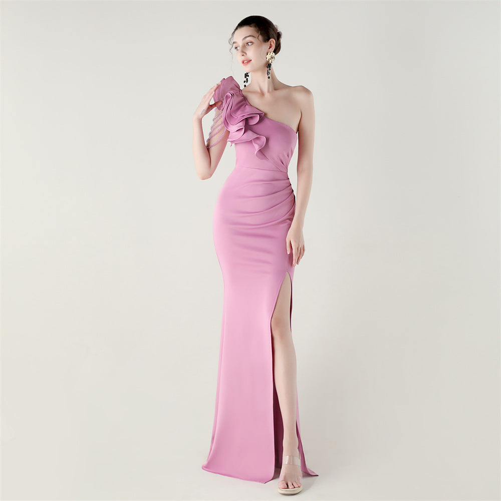 Satin One Shoulder Ruffle Ruched High Split Mermaid Gown in White - View 10