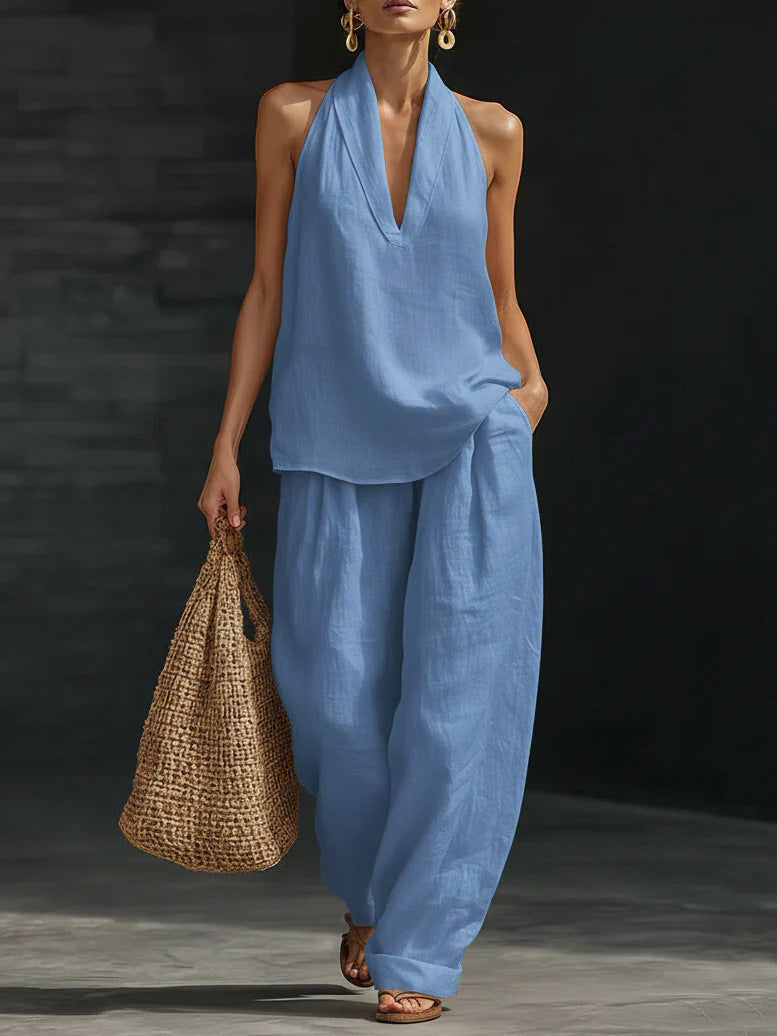 Halter Deep V-Neck Sleeveless Top and Wide Leg Pants Two Piece Set 3