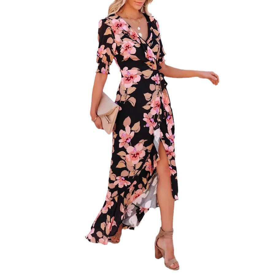 Floral V-Neck Puff Sleeve Wrap Ruffle Hem High Low Maxi Dress 5