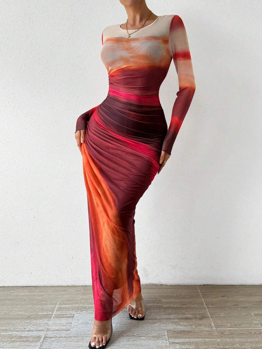 Abstract Print Mesh Ruched Long Sleeve Bodycon Maxi Dress 3