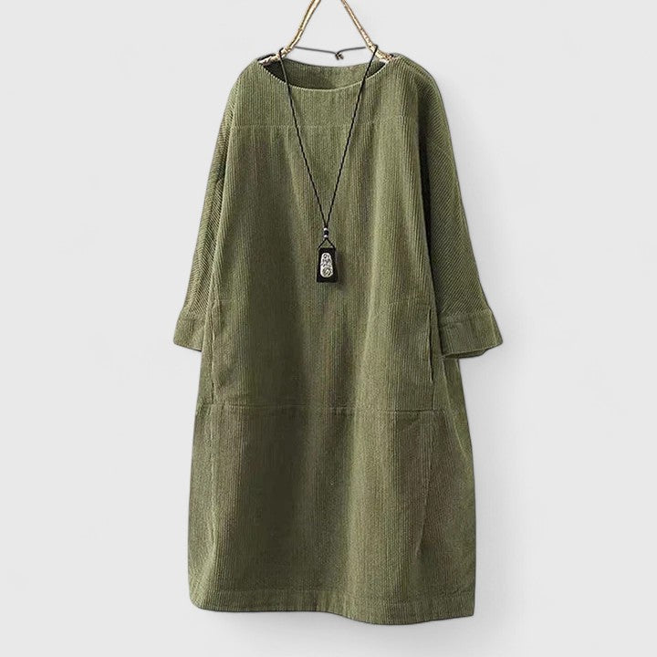 Corduroy Round Neck Long Sleeve Pocket Shift Dress 3