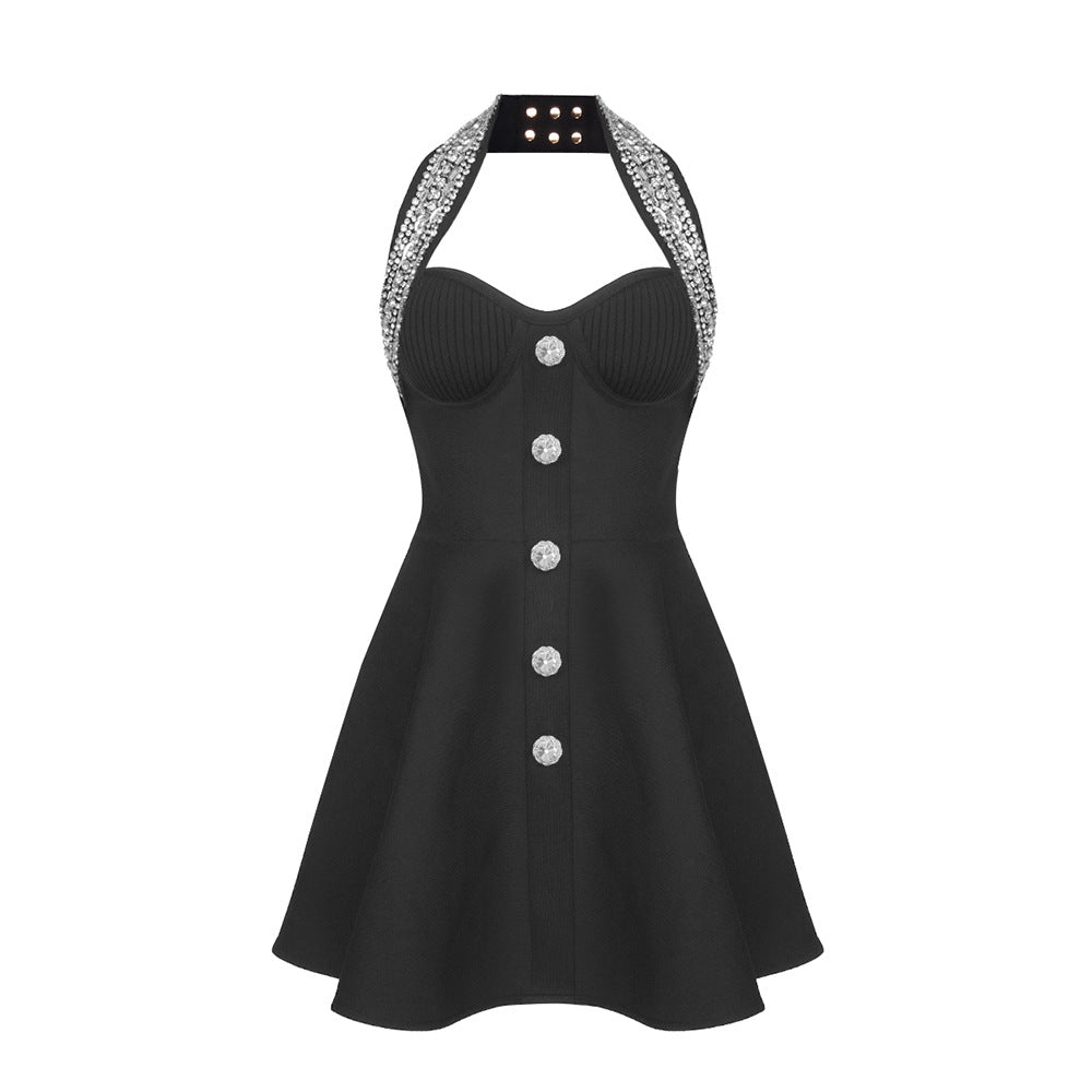 Rhinestone Halter Neck Sweetheart A-Line Mini Cocktail Dress - View 5