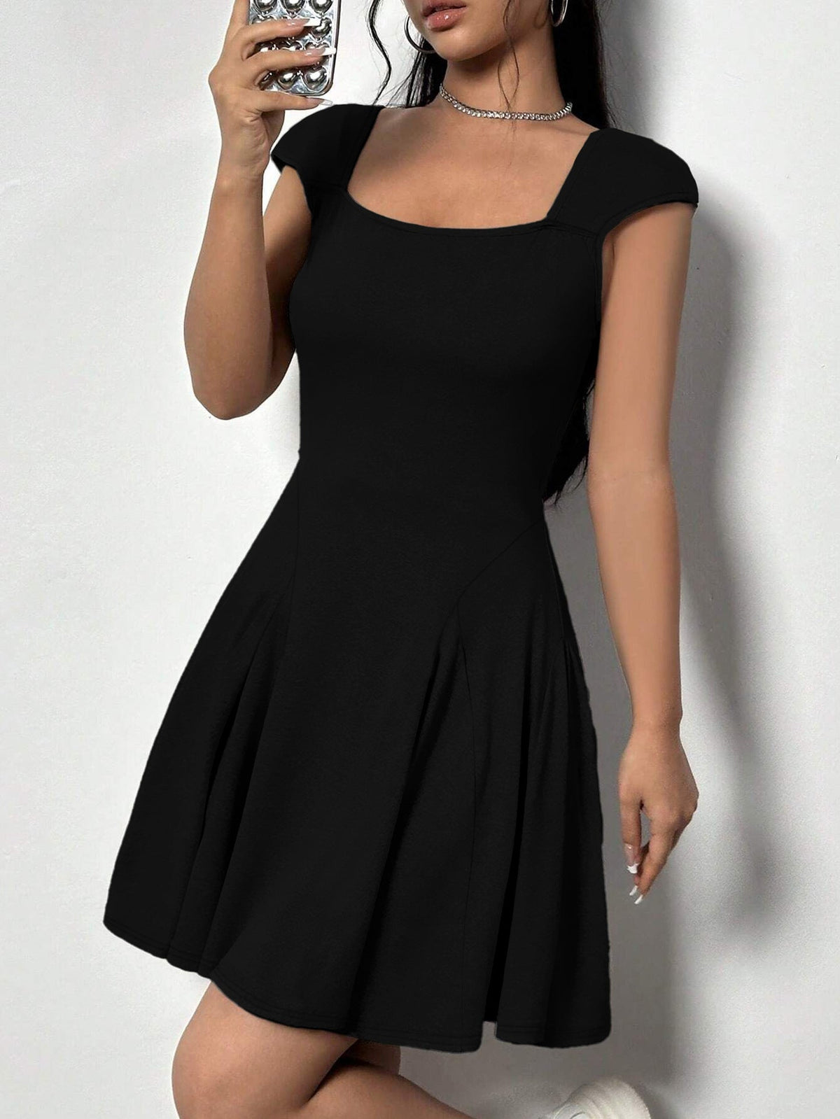 Square Neck Cap Sleeve Knife Pleat Fit and Flare A-Line Mini Dress - View 2
