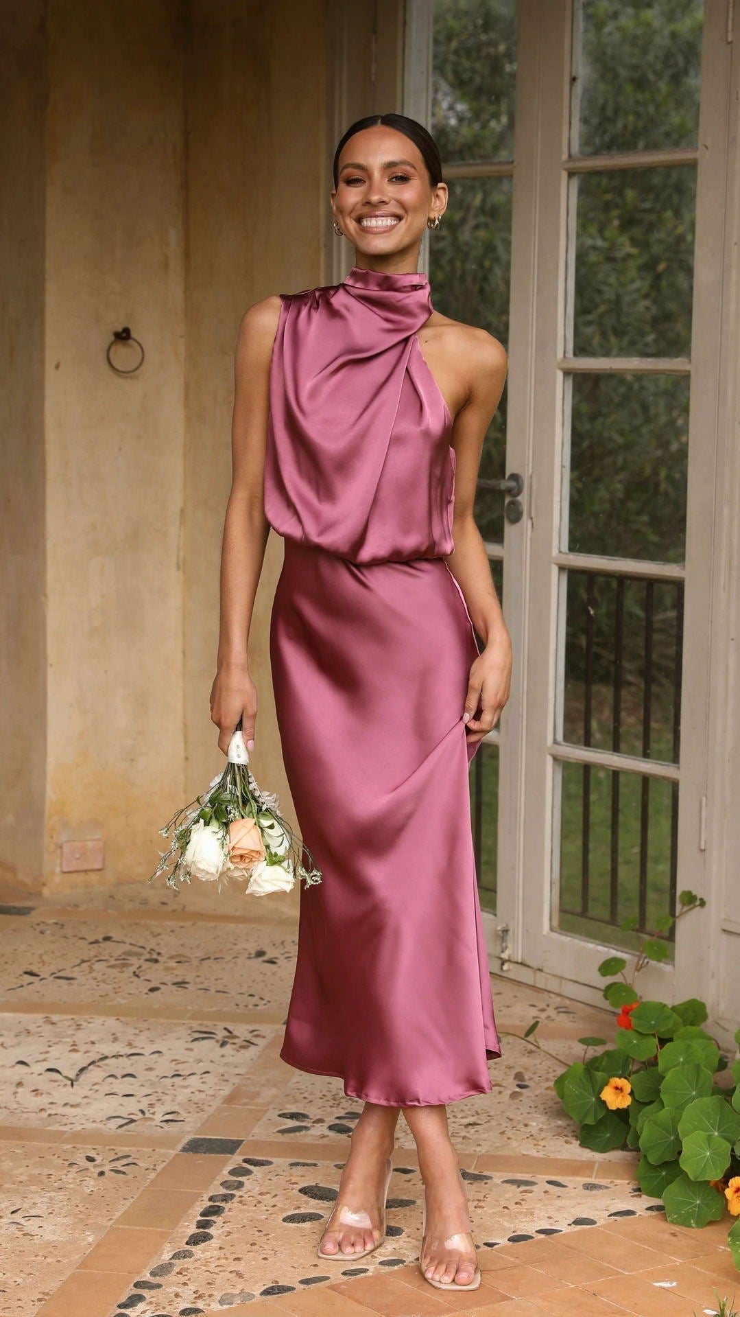 Mature Elegant Sleeveless Halter Solid Color Satin Dress