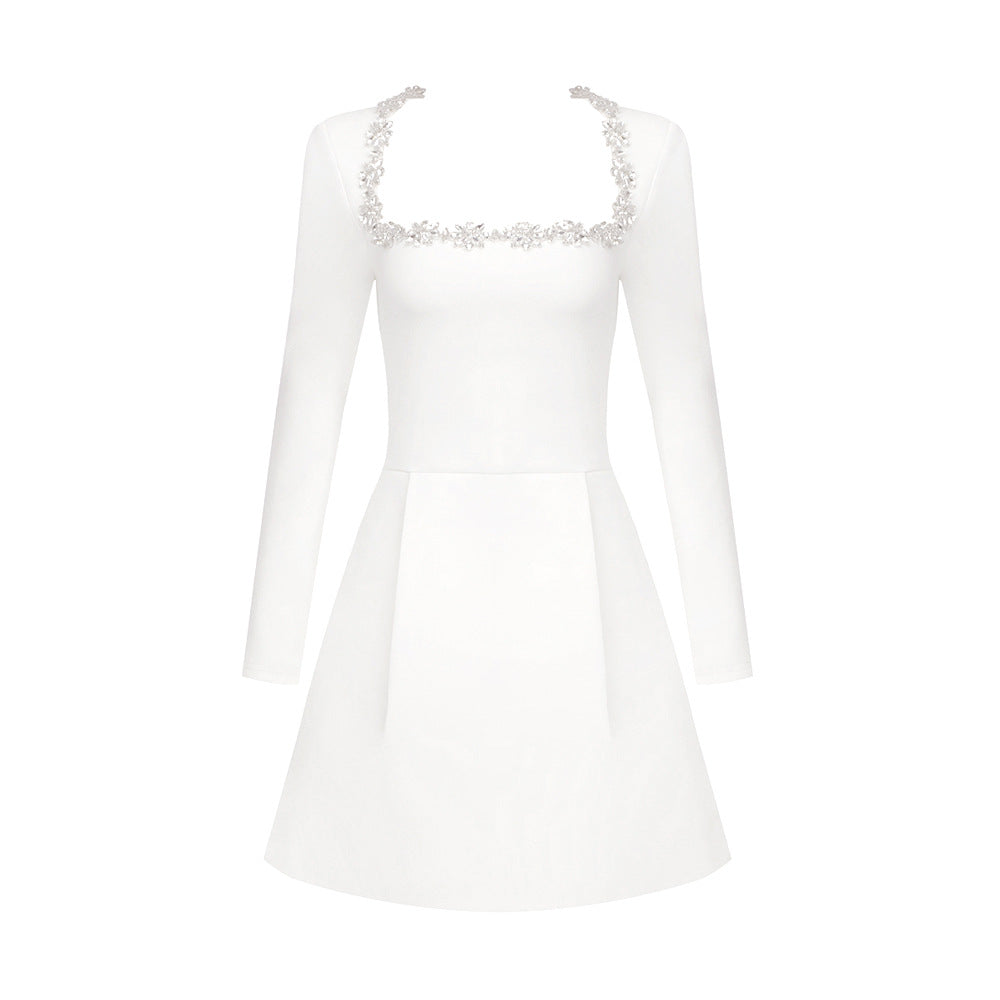 Rhinestone Square Neck Long Sleeve Structured A-Line Mini Dress - View 6