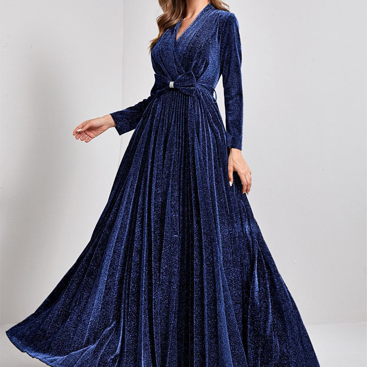 Glitter V-Neck Long Sleeve Pleated Maxi Gown - View 2