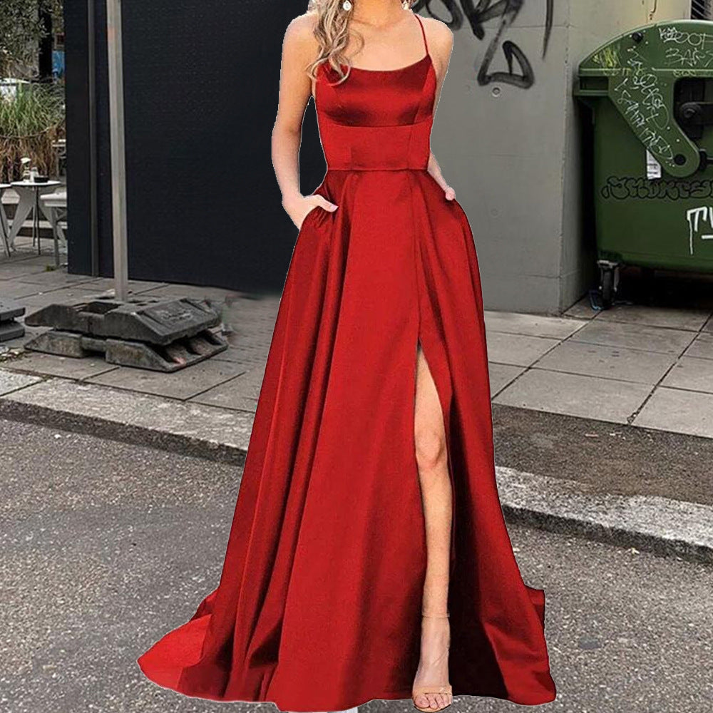 Satin Halter Neck Mermaid High Split Maxi Dress in Red - View 3