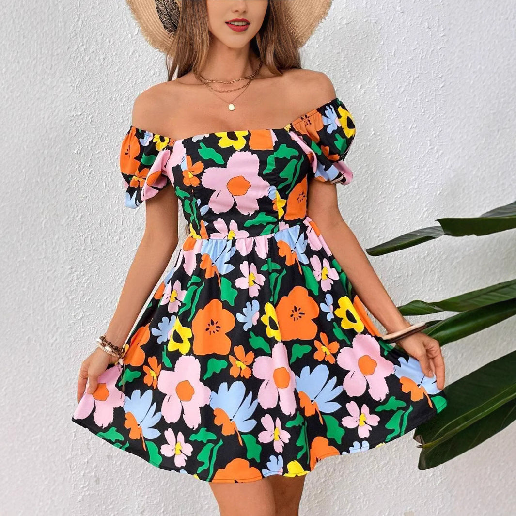 Floral Print Square Neck Puff Sleeve Tie Back Open Back Mini Dress - View 5