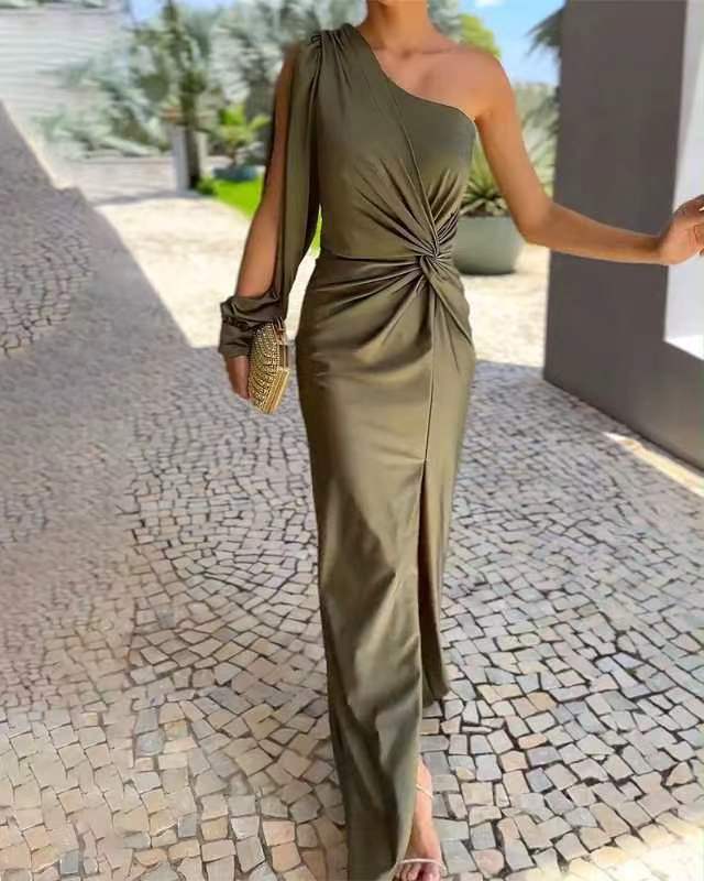 One Shoulder Puff Sleeve Twisted Knot Waist High Split Midi Dress - View 4