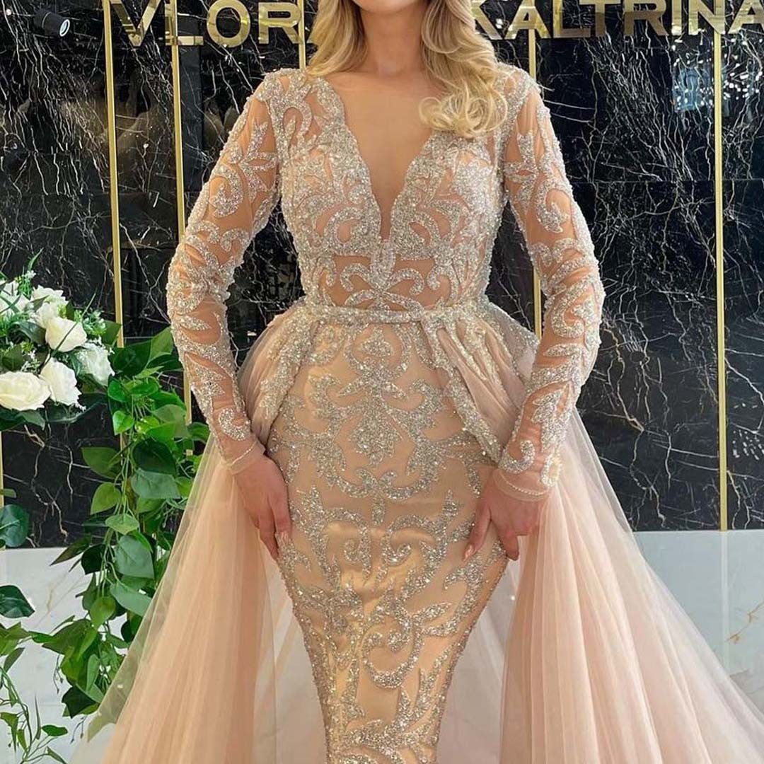 Sequin Mesh Deep V-Neck Long Sleeve Mermaid Overskirt Train Gown - View 3