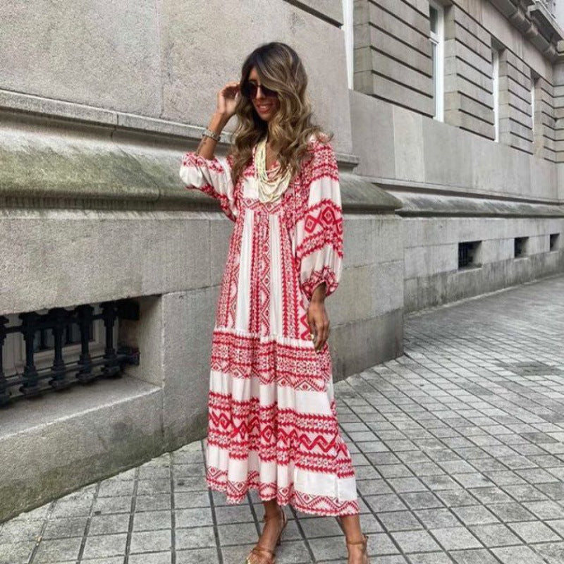 V-Neck Puff Sleeve Tiered Maxi Dress Boho 9