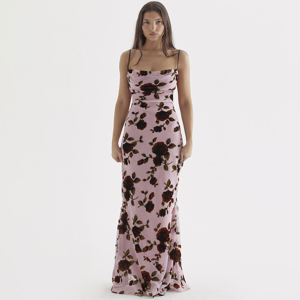Floral Print Spaghetti Strap Lace Up Backless Slip Maxi Dress - View 5