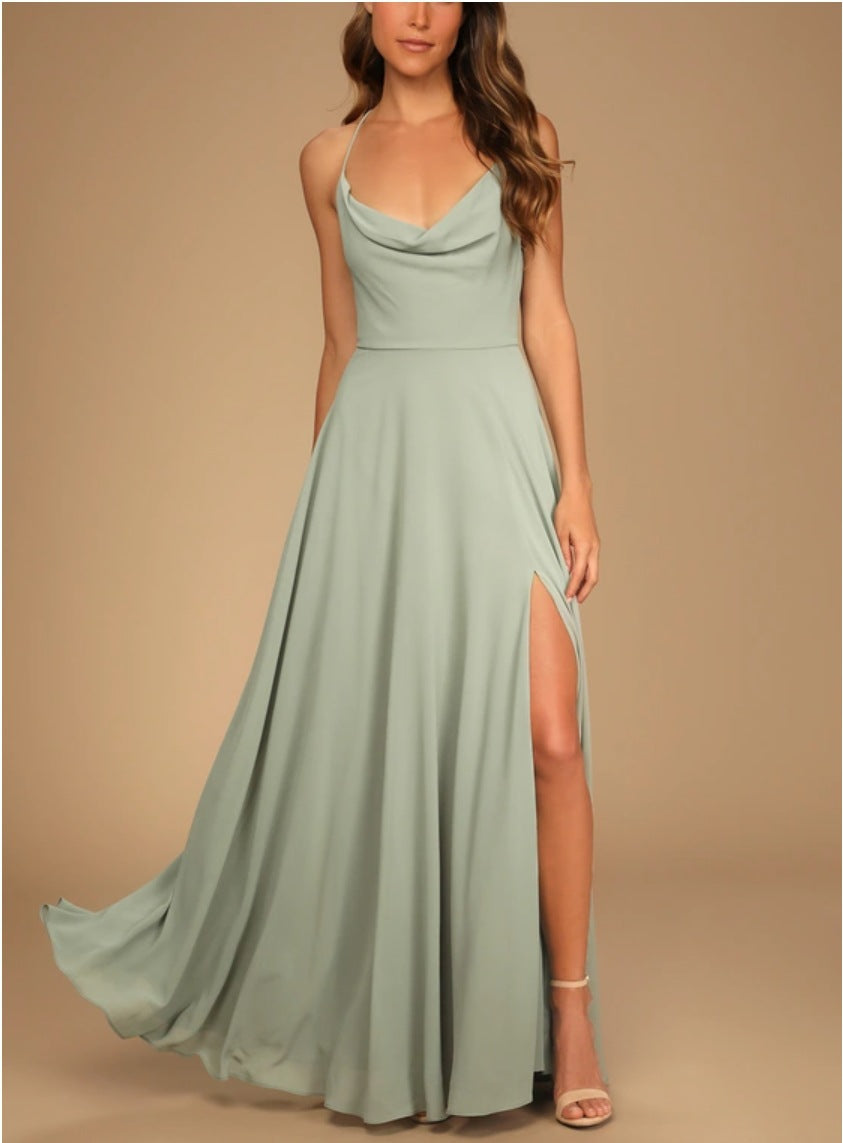 Chiffon Cowl Neck Lace Up Back High Split Maxi Dress - View 19