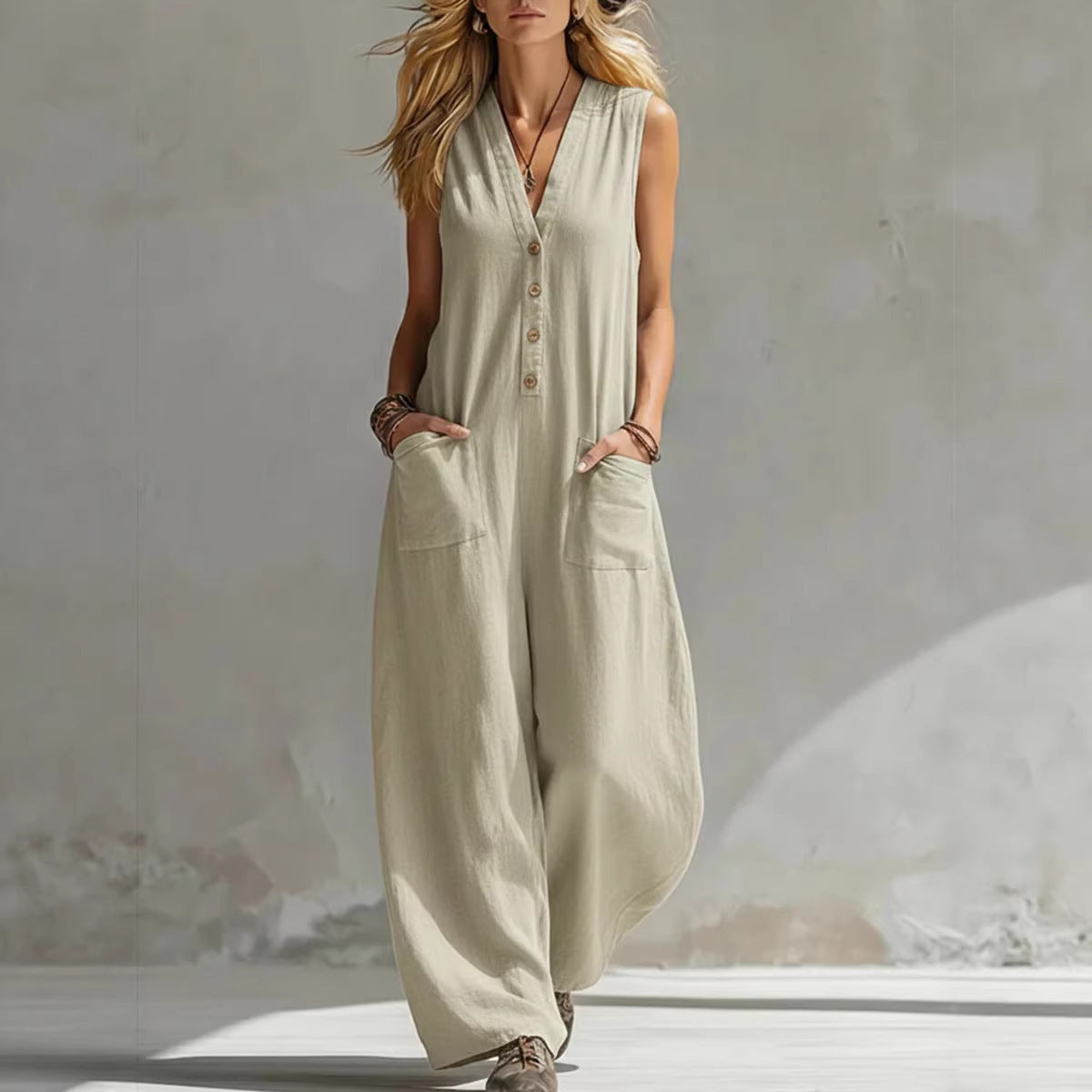 V-Neck Sleeveless Button Front Wide Leg Jumpsuit with Pockets 3