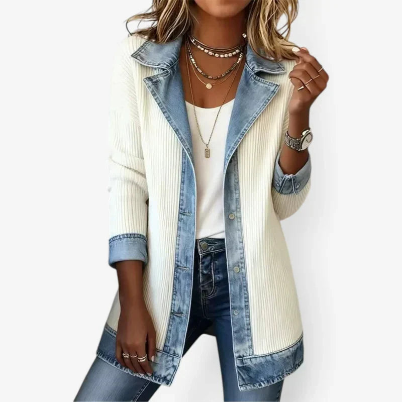 Denim Contrast Ribbed Lapel Button Front Longline Jacket