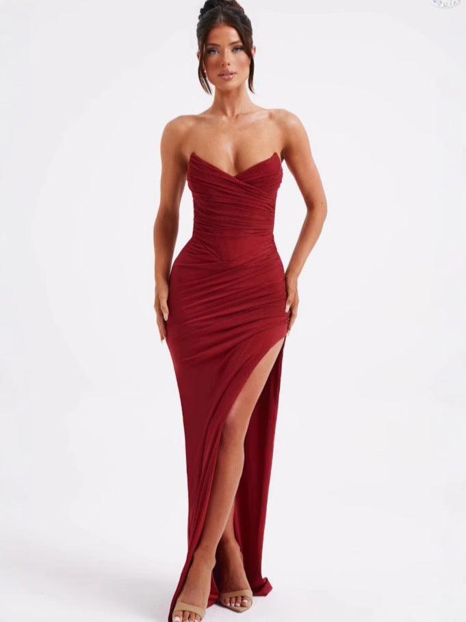 Strapless Sweetheart Ruched Crossover Wrap High Split Maxi Gown - View 8