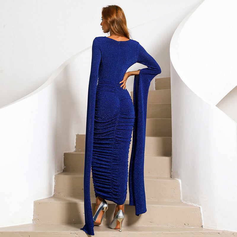 Glitter Round Neck Cape Sleeve Ruched Bodycon Maxi Dress - View 4