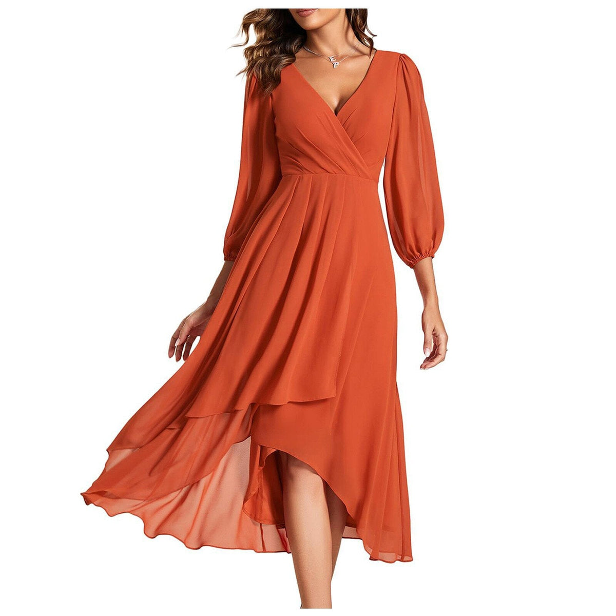 Chiffon V-Neck Long Sleeve High Low Midi Dress