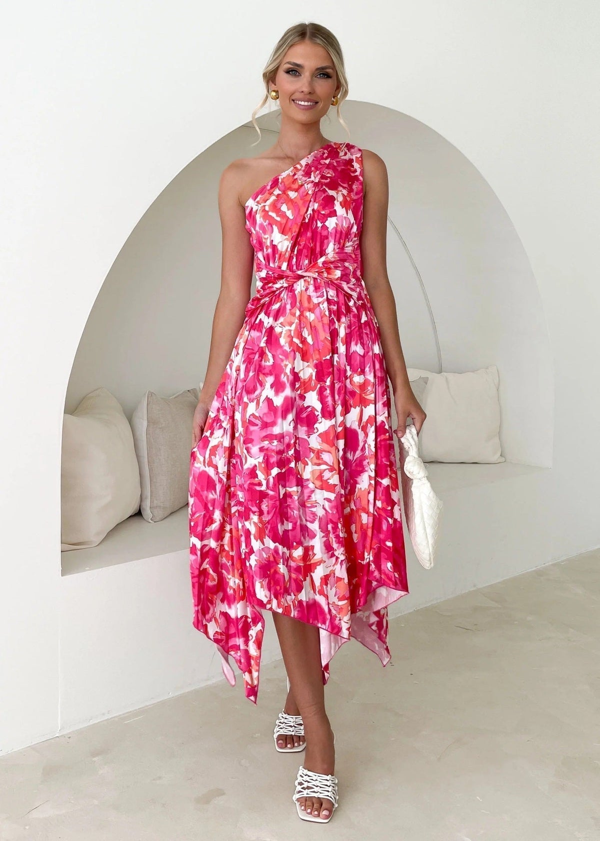 Floral One Shoulder Belted Handkerchief Hem Pleated Midi Dress - View 6