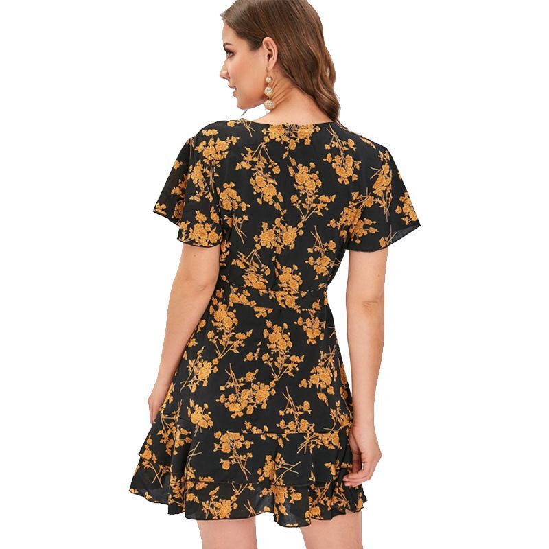 Floral Chiffon Deep V-Neck Short Sleeve Tiered Ruffle Mini Dress - View 5