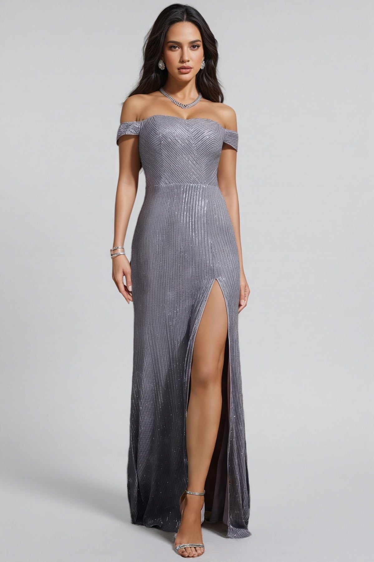 Sequin Off Shoulder Sweetheart Vertical Stripe Mermaid Maxi Gown - View 2