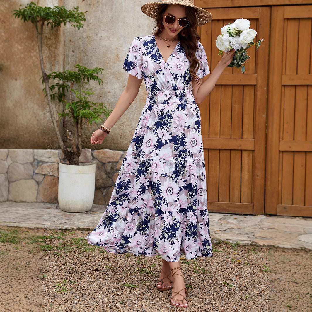 Floral V-Neck Flutter Sleeve Wrap High Low Maxi Dress 2