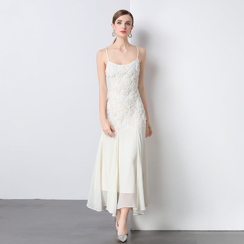 3D Floral Rosette Appliqué Spaghetti Strap Drop Waist Flowy Maxi Gown - View 4