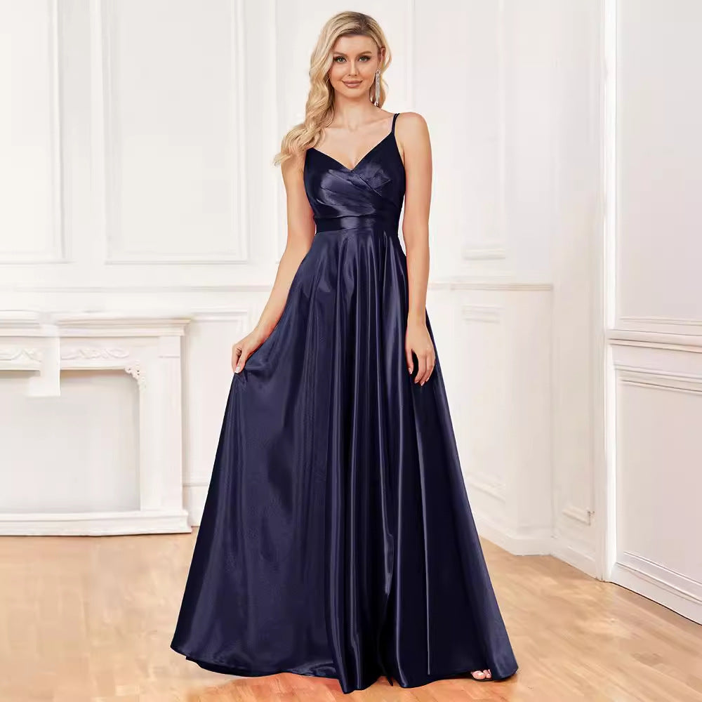Satin Spaghetti Strap V-Neck Ruched A-Line Maxi Dress