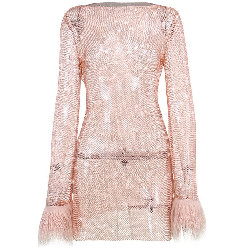 Long sleeve solid see through sheer mesh fluffy round neck mini dress - View 2