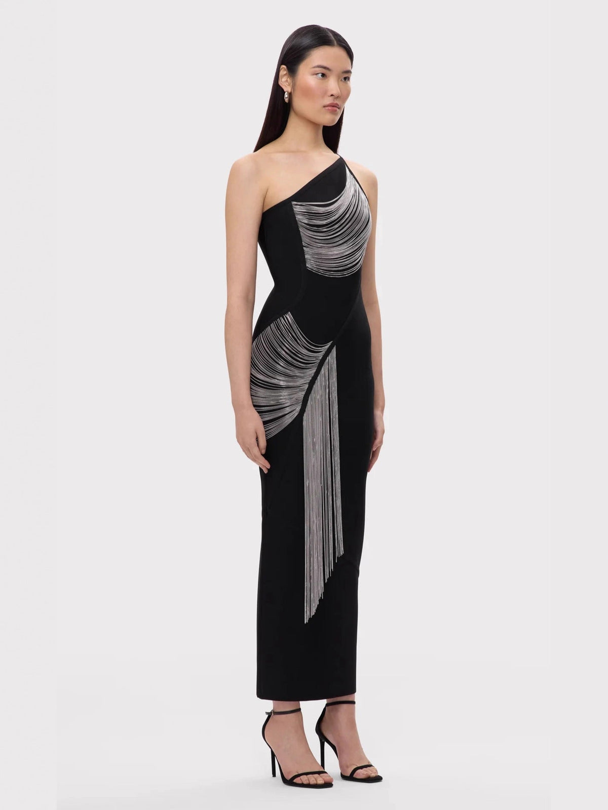 One Shoulder Chain Fringe Bodycon Maxi Dress - View 2