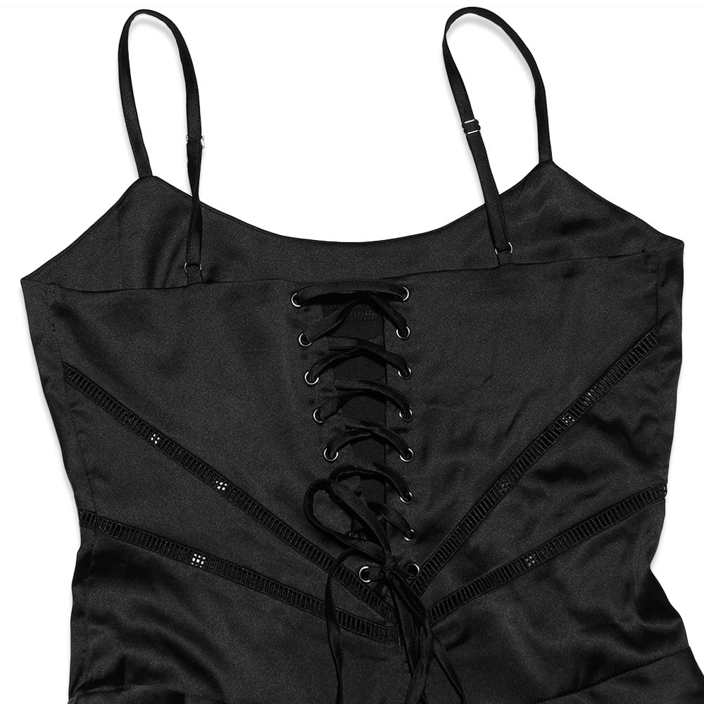 Square Neck Lace Up Back Satin Slip Maxi Dress - View 10