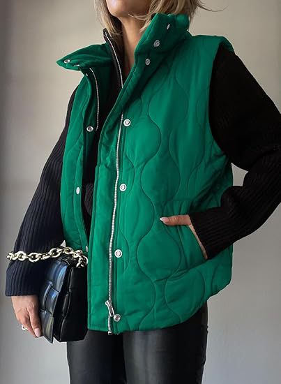 Stand Collar Zip Snap Front Quilted Puffer Vest 10