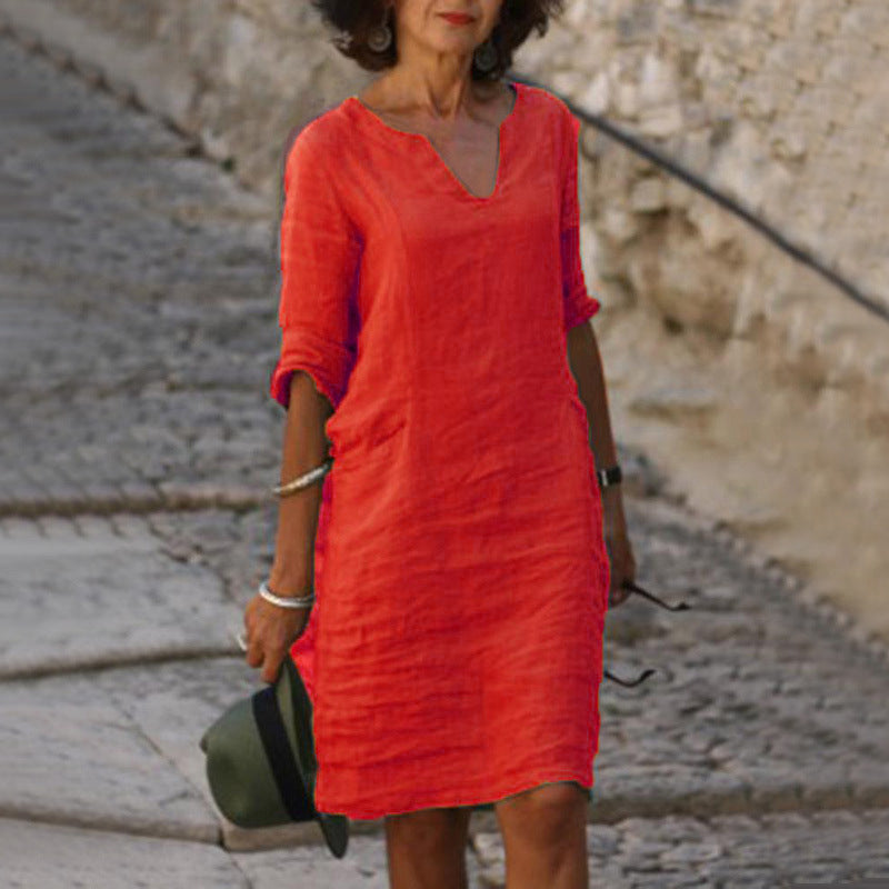 V-Neck Three Quarter Sleeve Relaxed Shift Knee Length Summer Dress - View 6