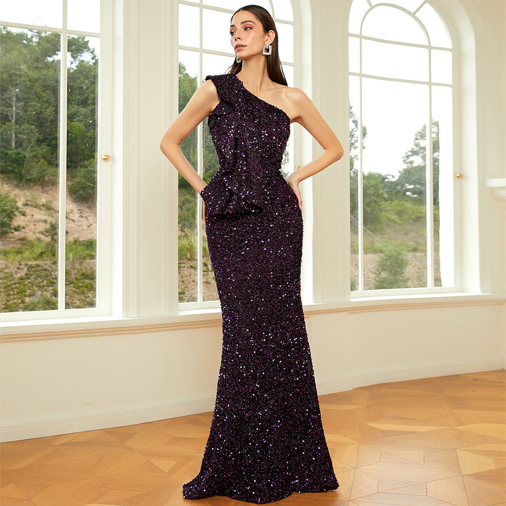 Sequin One Shoulder Ruffle Peplum Mermaid Maxi Dress - View 2