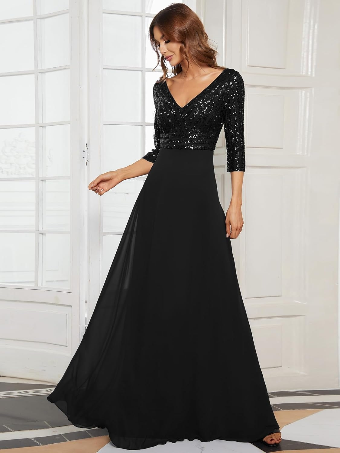 Sequin V-Neck Long Sleeve Chiffon A-Line Evening Dress - View 4
