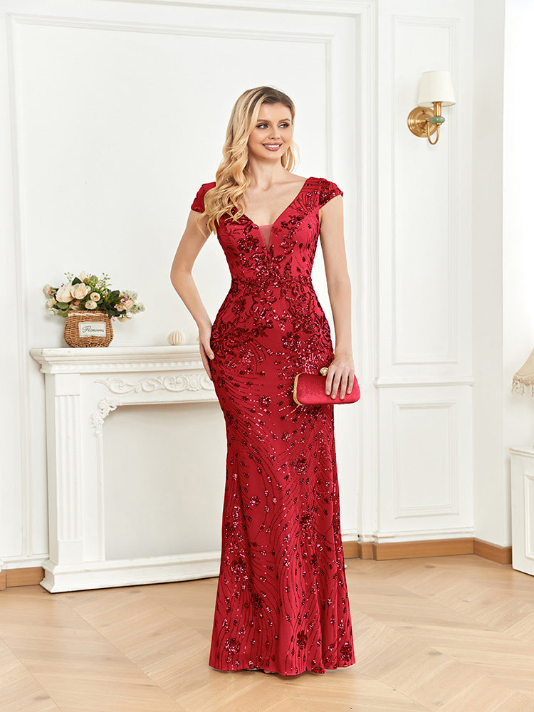 Sequin V-Neck Cap Sleeve Mermaid Evening Gown - View 9